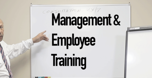 Jim Potts pointing to a white board background with Management and Employee Training as the title