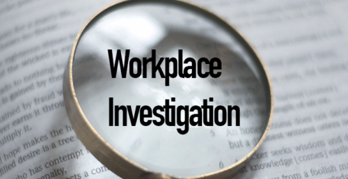 Magnify glass over a blurred book background with Workplace Investigation as the title